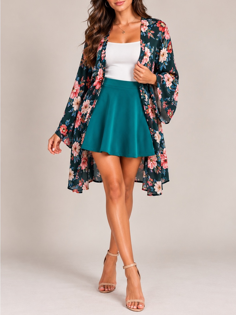 FOREVER 21 DARK GREEN FLORAL KIMONO CARDIGAN | WIDE SLEEVE | SIZE MED.